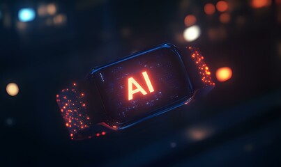 Poster - glowing ai text in futuristic frame with red particles and bokeh lights on dark background, modern t