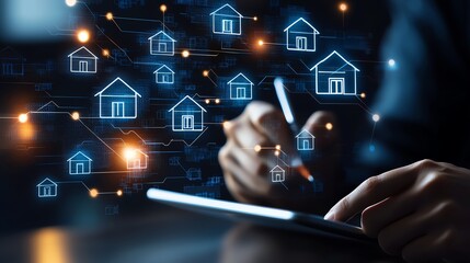 Poster - A professional analyzing data on a digital tablet, surrounded by futuristic house icons, representing real estate technology and innovation in the housing industry.