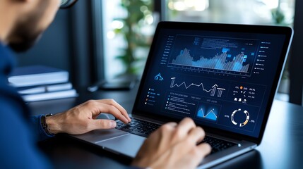 Aufkleber - A professional analyzing data on a laptop, highlighting the importance of technology in decision-making and strategic planning in business environments.