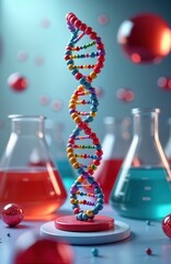 Poster - Colorful DNA model stands on platform in laboratory setting. Colorful beakers, flasks fill scene. Modern bio tech lab scene shows innovation in biochemical technologies. Vibrant visual represents DNA