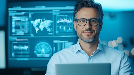 Poster - A professional man with glasses smiling confidently in a modern office setting, surrounded by digital screens displaying data and analytics, representing technology and innovation.