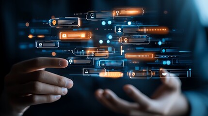 Aufkleber - A professional manipulating futuristic digital interfaces with glowing elements, depicting modern technology and innovation in data management and communication.