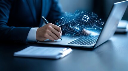 Aufkleber - A professional working on a laptop, writing notes, and analyzing digital data. This image captures the fusion of technology and productivity in a modern office environment.