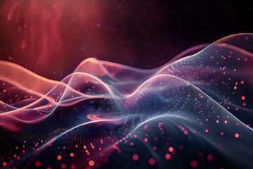 Poster - Flowing abstract waves with glowing particles in red and blue colors create dynamic motion against dark background, suitable for technology presentations.