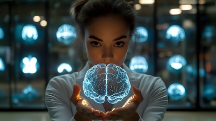 Aufkleber - Young African American woman holding glowing blue holographic brain between hands against dark background with neon symbols, representing mind power and artificial intelligence.
