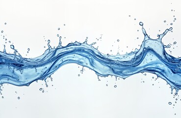 Aufkleber - Clear blue water splash isolated on white background. Dynamic water waves, droplets create refreshing, clean aesthetic. Realistic water flow, dynamic shape. Ideal for drink, nature, health-related