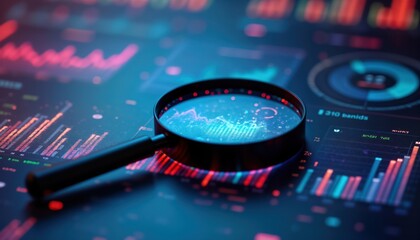 Poster - digital dashboard display financial data. magnifying glass focuses on financial graph data. business