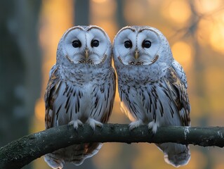 Wall Mural - two owls perched on a branch in a forest at sunrise, sharing the same view