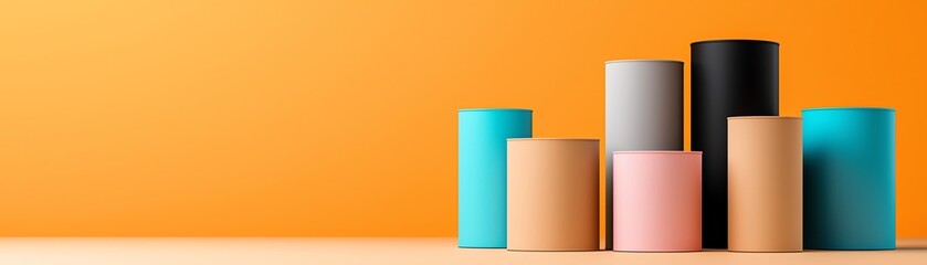 Poster - A visually appealing arrangement of colorful geometric shapes against a vibrant orange background, perfect for design projects, presentations, and creative marketing.