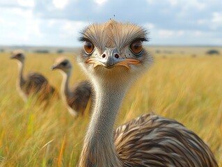 three rheas standing in a grassy field with one facing the viewer