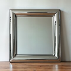 Leinwandbilder - Modern chrome framed mirror stands on wooden floor against white wall. Sleek square frame with rounded edges. Empty mirror reflects wall. Elegant design suitable for modern interior. Decorative piece