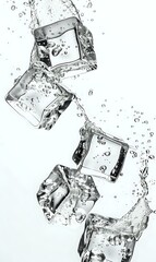 Poster - Clear ice cubes falling in water with splashes and droplets against white background, high-speed photography capturing dynamic motion and transparency.