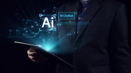Poster - human interact with ai artificial intelligence virtual assistant chatbot in concept of ai artificial