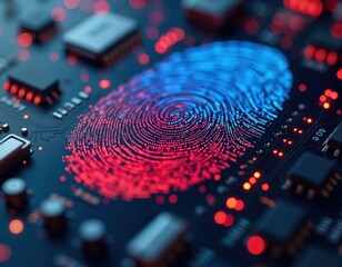 Fototapete - Digital fingerprint on tech circuit board. Biometric data protection shown. Modern tech illustration. Illustration complex security tech. Cyber security concept. Fingerprint analysis. Artificial