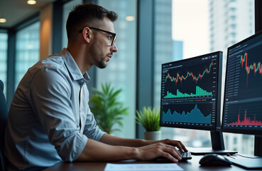 Leinwandbilder - Businessman trader looks at computer monitor. Analyzes financial charts, indexes. Modern office setting. Focused on online trading. Pro market analysis. Growth, profit of investment. Modern