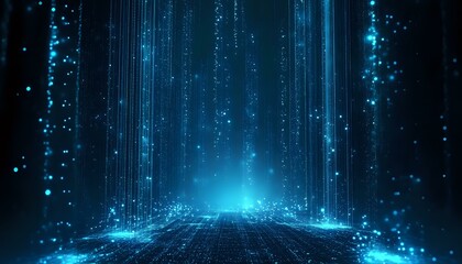 Poster - glowing blue digital grid landscape with light particles and vertical beams creating futuristic cybe