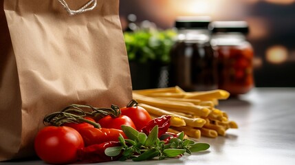 Wall Mural - Italian Grocery Delivery: Fresh Tomatoes, Pasta, and Herbs in a Brown Paper Bag