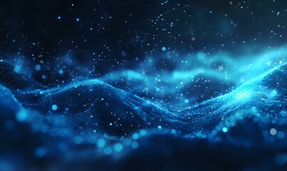 Poster - Abstract blue glowing waves with particles and bokeh effects on dark background, futuristic digital network concept for technology presentations.