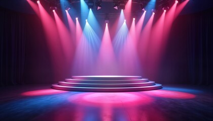 Aufkleber - Empty stage with colorful spotlights. Vibrant pink, blue stage lights create dramatic effect. No one on stage. Circular platform centered. Lighting creates dynamic atmosphere suitable for performance