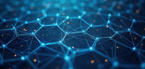 Poster - Futuristic tech network pattern shows intricate connections. Modern design with glowing points, lines. Abstract illustration of complex network system. Blue background with hexagons. Visual