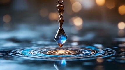 Poster - Crystal pendant creating concentric ripples in water with blue light reflection and bokeh background, macro photography capturing liquid surface tension.
