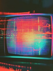 Poster - Retro television screen showcasing vibrant static noise and colorful glitch patterns in a dark room. Generative AI
