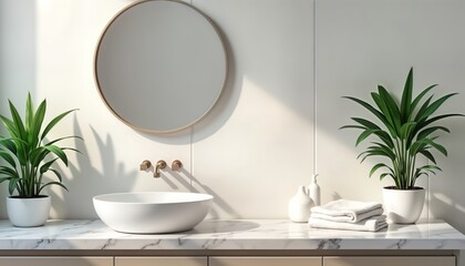 Poster - Modern white bathroom interior with marble countertop. Empty sink, towels and plants on a countertop. Calm and bright. Luxury design. Interior design photo