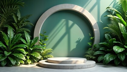 Aufkleber - Empty podium for product display in natural green setting with rich foliage. Light illuminates stone, concrete platform. Natural stone, concrete podium for product presentation against backdrop of