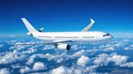 Aufkleber - Aircraft flying high above fluffy clouds in a clear blue sky during midday. Generative AI