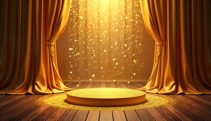 Poster - Luxury golden stage with flowing drapery. Empty golden platform on wooden floor. Glittering particles create dynamic atmosphere. Suitable for product presentations, fashion design showcase. Ideal for