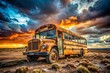 © Four888 - Rusty Orange School Bus with Big Tires - Abandoned Vehicle Photography