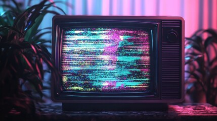 Poster - Retro television displaying colorful glitch patterns and static noise in a dimly lit room with foliage. Generative AI