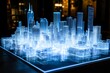 © Angelina - The construction development project city building architecture is showcased through a holographic digital box model on a table in an office meeting room, with a blur blue background creating a