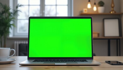 Poster - Laptop with green screen on wooden desk. Empty office space. Blank chroma key mockup. Suitable for business meeting, online presentation, video production. Modern tech device. Home office workplace.