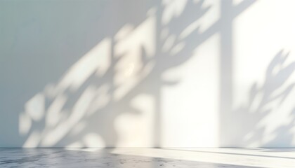 Poster - Empty interior space with sunlight, leaf shadows on white wall. Natural light creates soft shadows of leaves on light gray wall. Marble floor creates clean, modern look. Modern abstract background