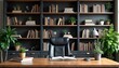 © miss irine - Professional office workspace. Modern desk setup. Bookshelves filled with books. Black leather chair. Wooden desk. Plants add touch of nature. Empty desk, great for zoom background. Ideal for
