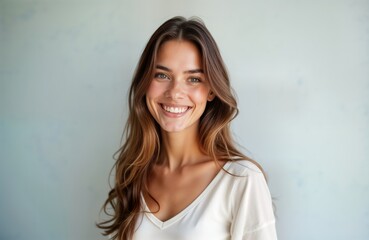 Wall Mural - Attractive young woman smiles warmly in studio portrait. Natural light highlights radiant complexion, charming smile. Gray background complements light clothing. Expression shows happiness. Image