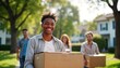 © miss irine - Happy African American college student moves into dorm with parents help. Group smiles happily carrying boxes outdoors in front of suburban homes. Family support, new beginnings evident. Positive
