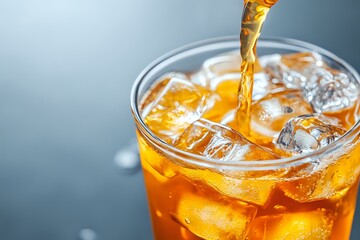 Poster - Pouring cold amber beverage into glass filled with ice cubes, refreshing drink splash with golden liquid stream against blue background.