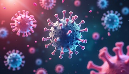 Poster - Microscopic virus illustration shows viruses, cells. Biology illustration. Microbial agents interacting with cells. Complex life forms fighting infection. Scientific medical illustration. Viral