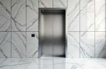 Modern elevator entrance with clean white marble wall, silver metallic door. Elegant, contemporary style. Ideal for hotel office building. Interior design concept. Stylish, empty elevator space.