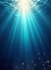 Aufkleber - Sunlight beams brightly through deep blue ocean water. Light rays shimmer, sparkle on ocean bottom. Water flows freely in current. Deep ocean depths illuminated by sun rays. Ocean surface reflects