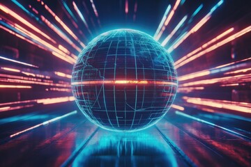 Leinwandbilder - Spinning globe with luminous contour lines creates an energetic visual effect in a dynamic environment. Generative AI