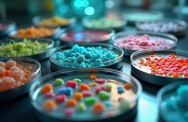 Poster - Colorful petri dishes display various microorganisms under macro zoom in lab setting. Different vibrant colors of bacteria protozoa algae, fungi grow on agar media. Lab research development of new