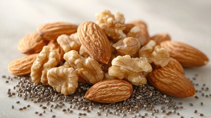 Almonds, walnuts, and chia seeds on a marble counter for healthy snack