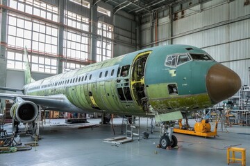 Fototapete - New aircraft assembly process in large hangar at aviation facility during daylight hours. Generative AI
