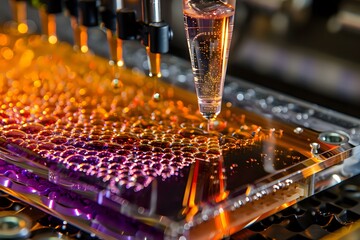 Poster - Macro shot of electronic circuit board manufacturing process with automated soldering equipment and colorful reflective surface showing precision technology production.