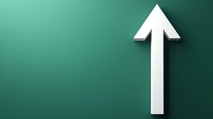 Poster - White upward arrow on gradient green background with soft shadow effect creates modern minimalist composition for business and growth concepts.