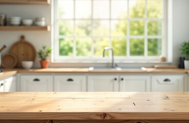 Poster - Empty wooden table in front of blurred kitchen. Sunny day through window. Calm, tranquil scene. Natural light highlights wooden surface. Ideal for product presentation marketing display. Rustic,
