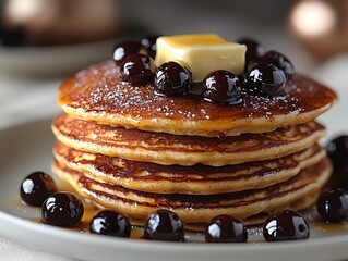 Wall Mural - A stack of pancakes topped with butter, syrup, and dark berries.